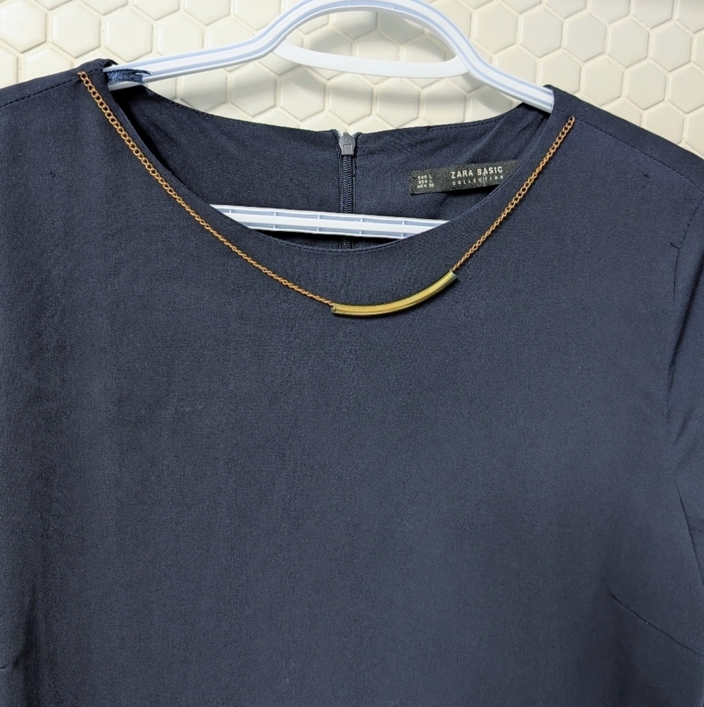 Zara 3/4 sleeve A-line dress with jewelry accents, Navy / Gold - Picture 4 of 6